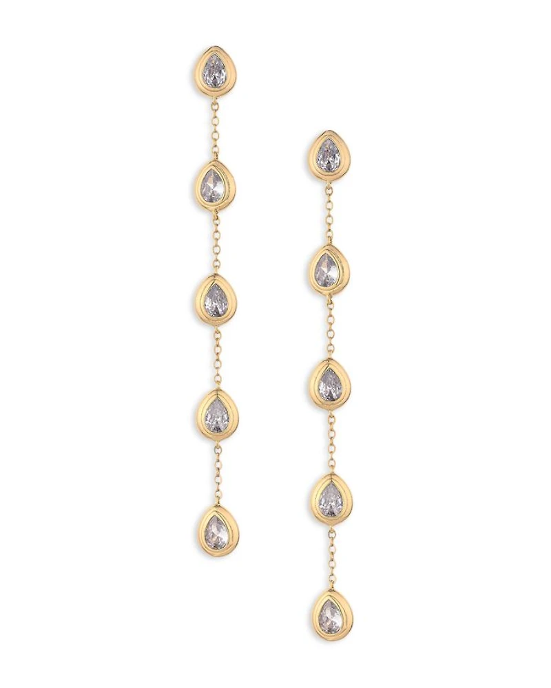 Single File Crystal Cubic Zirconia Teardrop Linear Drop Earrings in 18K Gold Plated