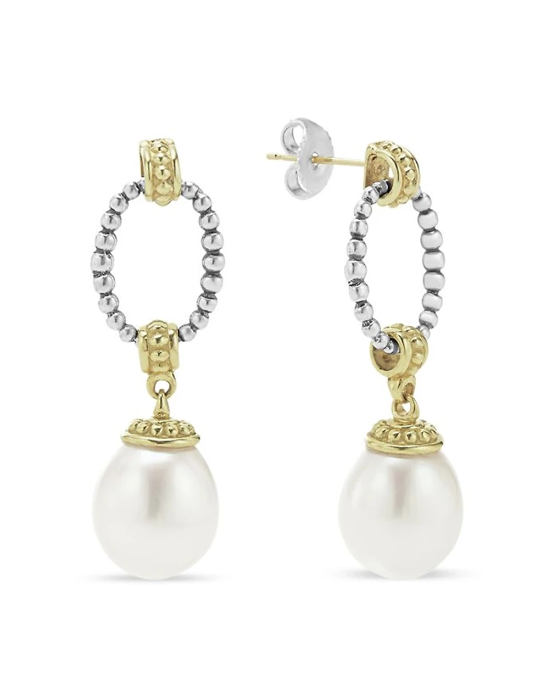 18k Gold & Sterling Silver Two Tone Cultured Pearl Oval Drop Earrings