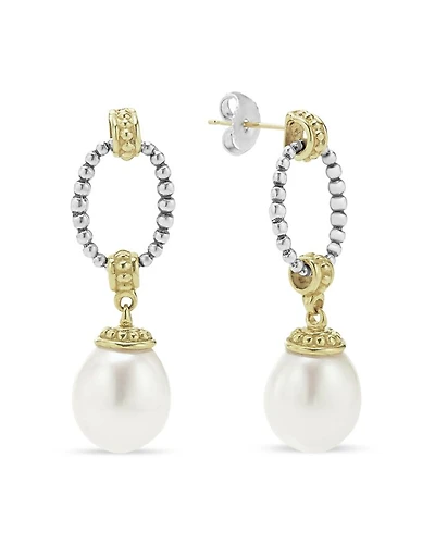 18k Gold & Sterling Silver Two Tone Cultured Pearl Oval Drop Earrings