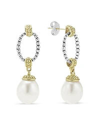18k Gold & Sterling Silver Two Tone Cultured Pearl Oval Drop Earrings