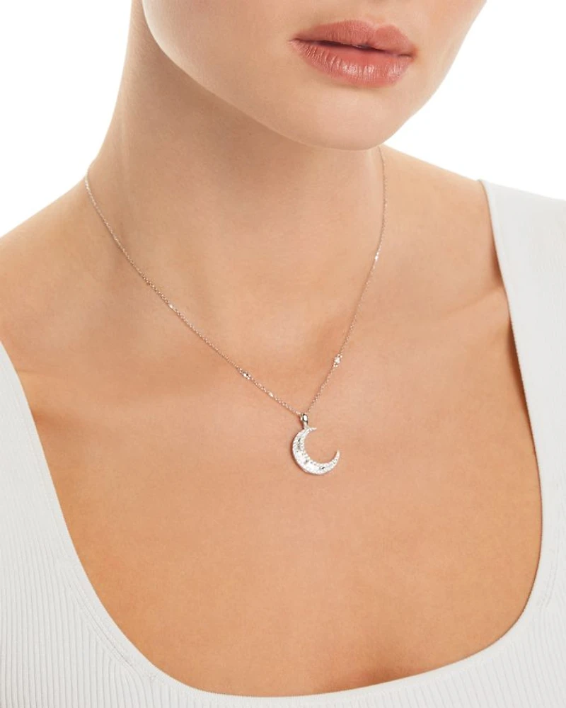 Diamond Baguette & Round Crescent Pendant Necklace in 14K White Gold, 0.62 tcw