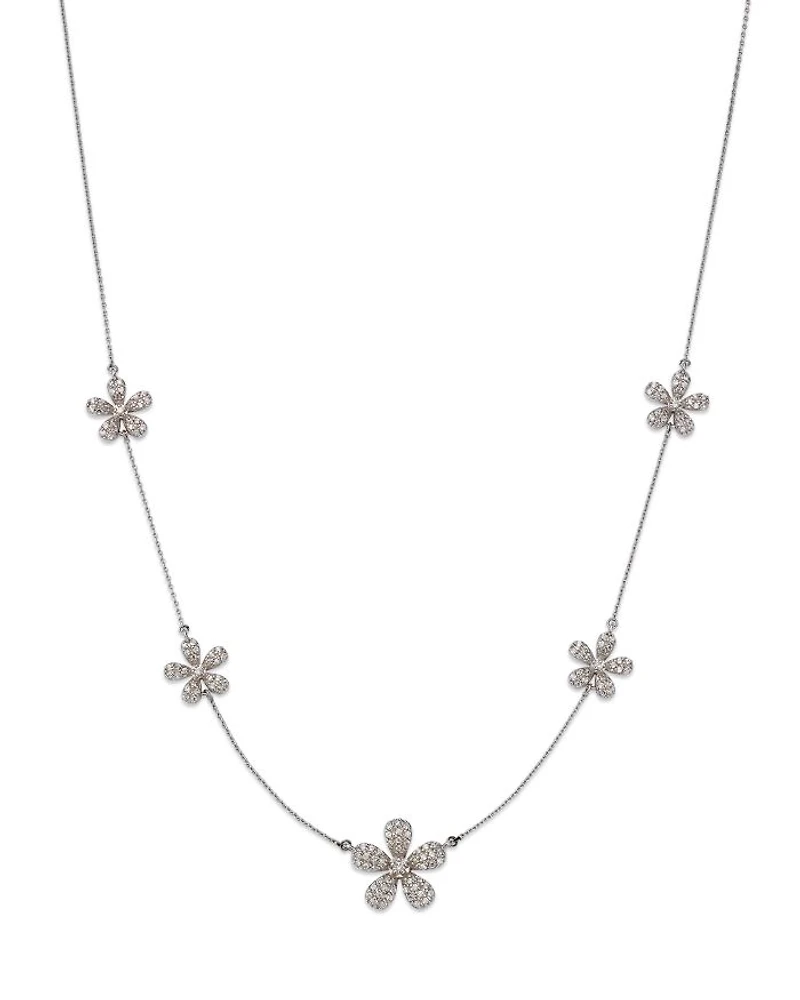 Diamond Flower Station Necklace in 14K White Gold