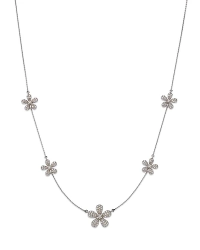 Diamond Flower Station Necklace in 14K White Gold