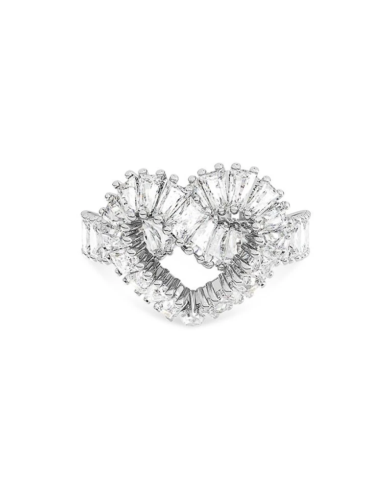 Matrix Baguette Crystal Woven Heart Cocktail Ring Rhodium Plated