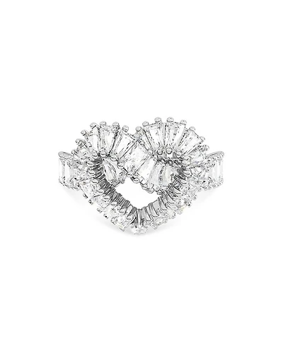 Matrix Baguette Crystal Woven Heart Cocktail Ring Rhodium Plated