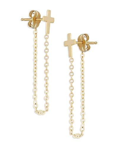 14K Yellow Cross Draped Chain Earrings - Exclusive