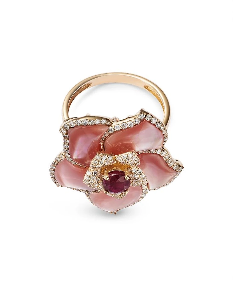 Ruby, Mother of Pearl, & Diamond Flower Ring in 14K Yellow Gold