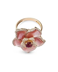 Ruby, Mother of Pearl, & Diamond Flower Ring in 14K Yellow Gold
