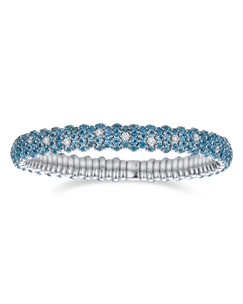 18K White Gold Stretch Blue Topaz & Diamond Bracelet