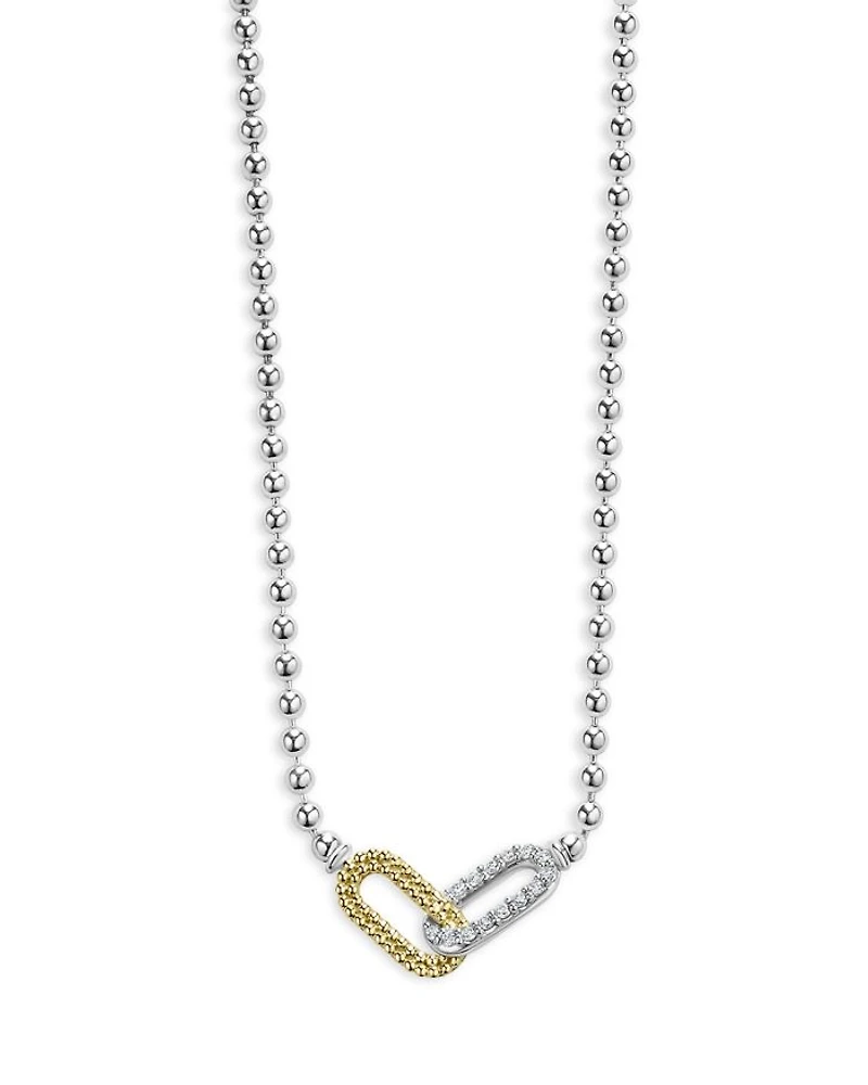 18K Yellow Gold & Sterling Silver Caviar Lux-Clip Diamond Bead Link Necklace, 16-18