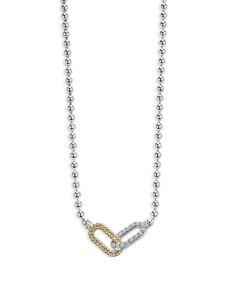Lagos 18K Yellow Gold & Sterling Silver Caviar Lux-Clip Diamond Bead Link Necklace, 16-18