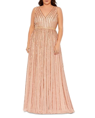 Plus Sequined Striped Sleeveless V Neck A Line  Gown