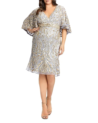 Mac Duggal Plus Embellished Cape Sleeve Cocktail Gown