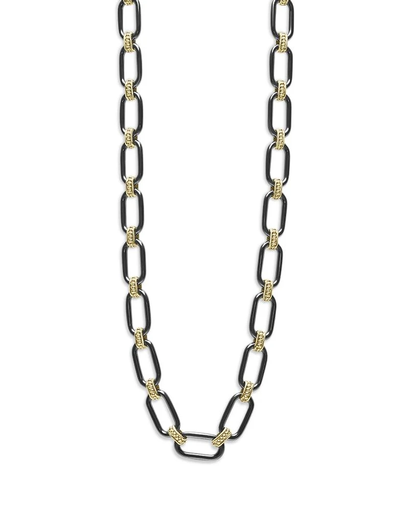 18K Yellow Gold Signature Caviar Black Ceramic Link Necklace, 16-18"