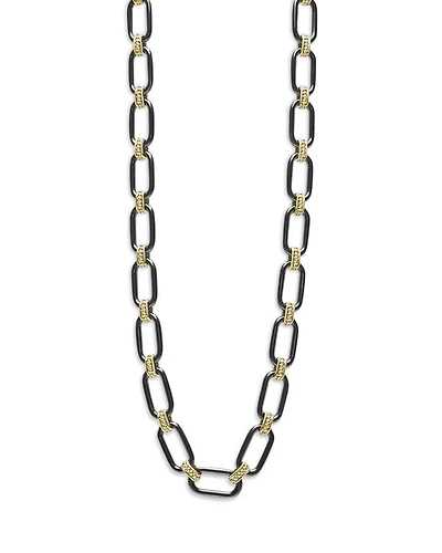 18K Yellow Gold Signature Caviar Black Ceramic Link Necklace, 16-18"