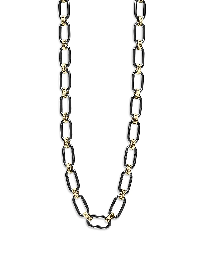 Lagos 18K Yellow Gold Signature Caviar Black Ceramic Link Necklace