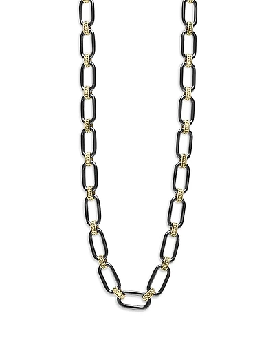 Lagos 18K Yellow Gold Signature Caviar Black Ceramic Link Necklace