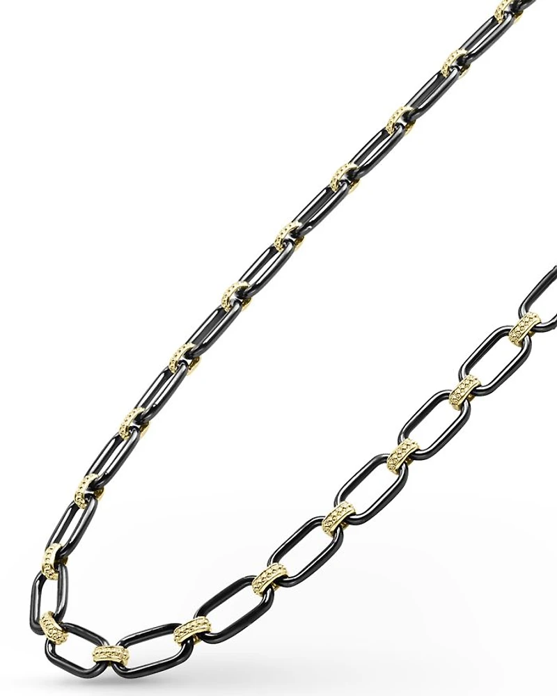 18K Yellow Gold Signature Caviar Black Ceramic Link Necklace, 16-18"