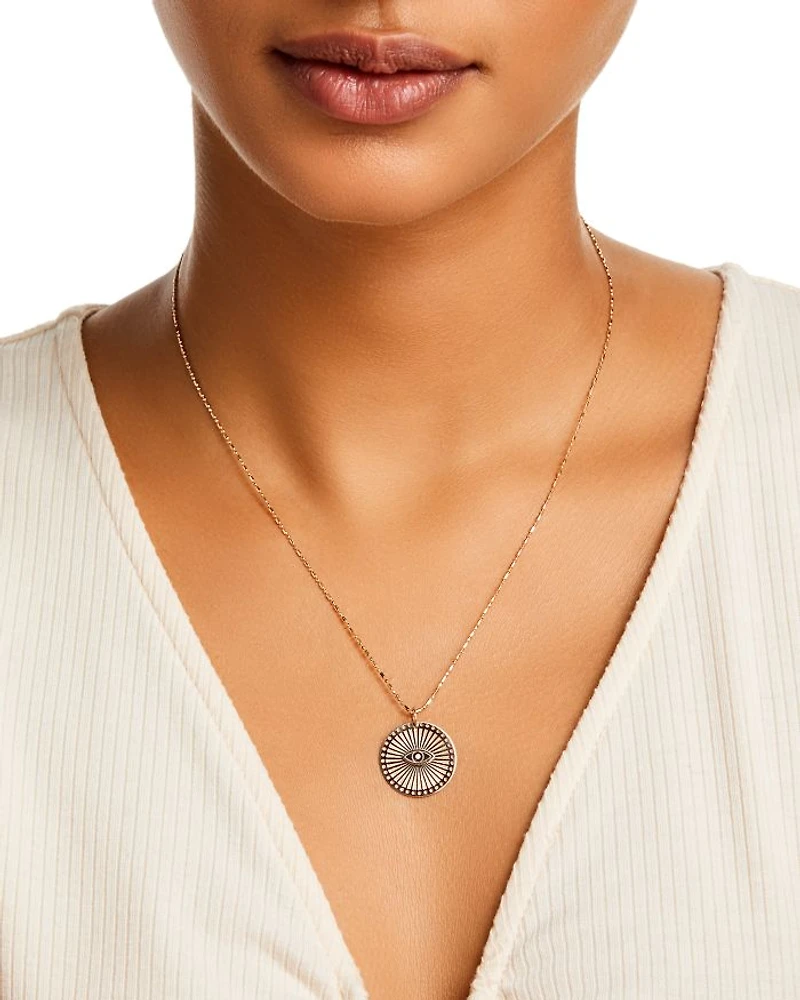 14K Yellow Gold Medallion Evil Eye Sunbeam Disc Pendant Necklace, 18"