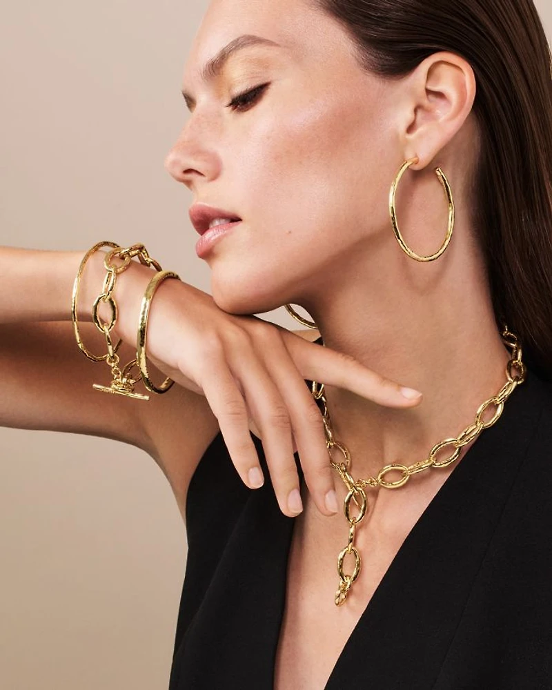 18K Yellow Gold Hammered Bastille Link Chain Necklace, 18"