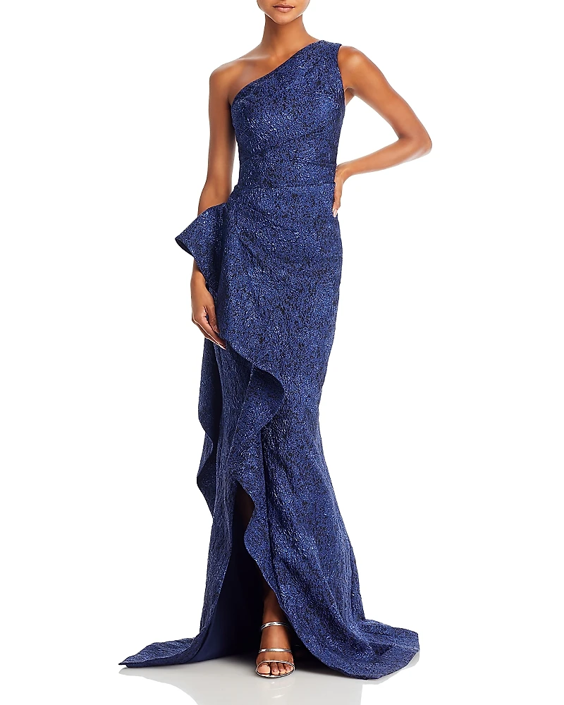 Teri Jon by Rickie Freeman Metallic Jacquard One Shoulder Gown