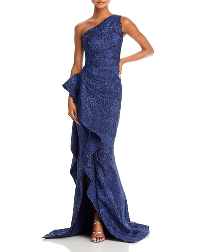 Teri Jon by Rickie Freeman Metallic Jacquard One Shoulder Gown