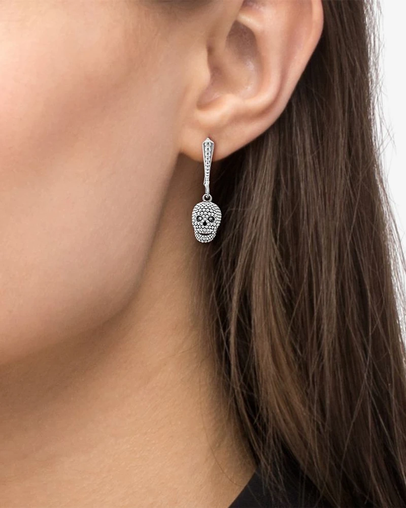 Sterling Silver Rare Wonders Caviar Bead Skull Drop Earrings