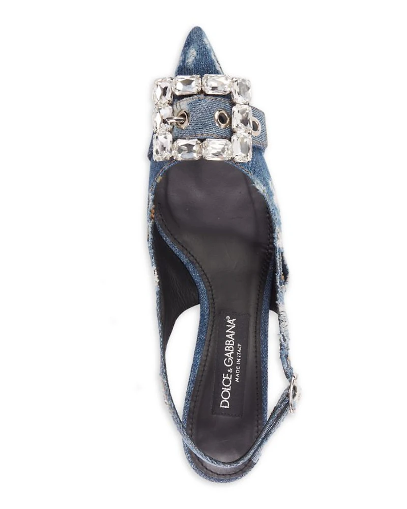 Women's Distressed Denim Kitten Heel Slingback Pumps