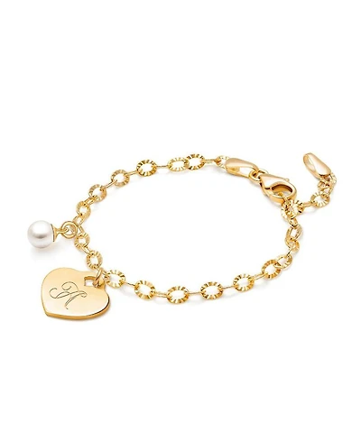Girls 14K Gold Classic Charm Bracelet & Engraved Initial 6.25" - Children