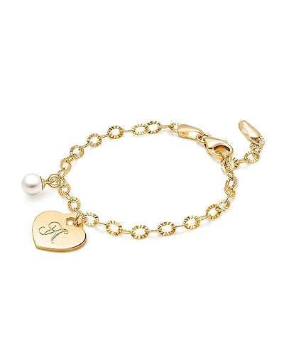 Tiny Blessings Girls 14K Gold Classic Charm Bracelet & Engraved Initial 6.25" - Children
