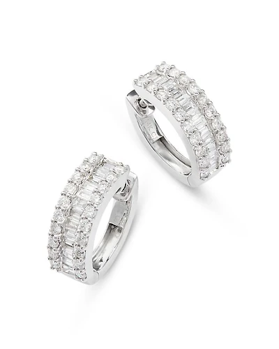 Diamond Baguette & Round Huggie Hoop Earring in 14K White Gold, 2.0 tcw