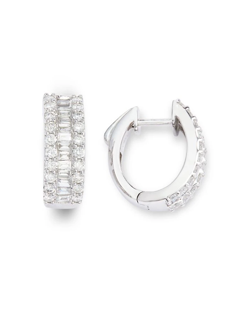 Diamond Baguette & Round Huggie Hoop Earring in 14K White Gold, 2.0 tcw