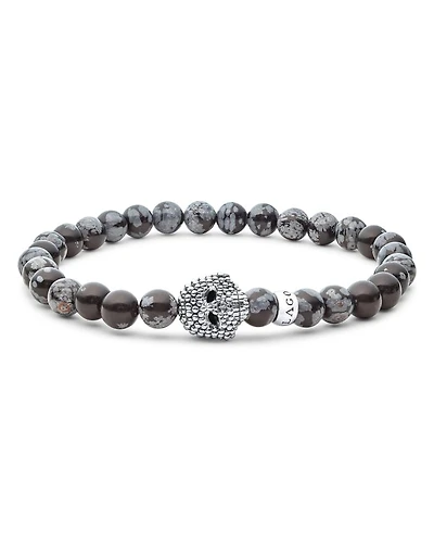 Men's Sterling Silver Anthem Snowflake Obsidian Bead Skull Stretch Bracelet - Exclusive