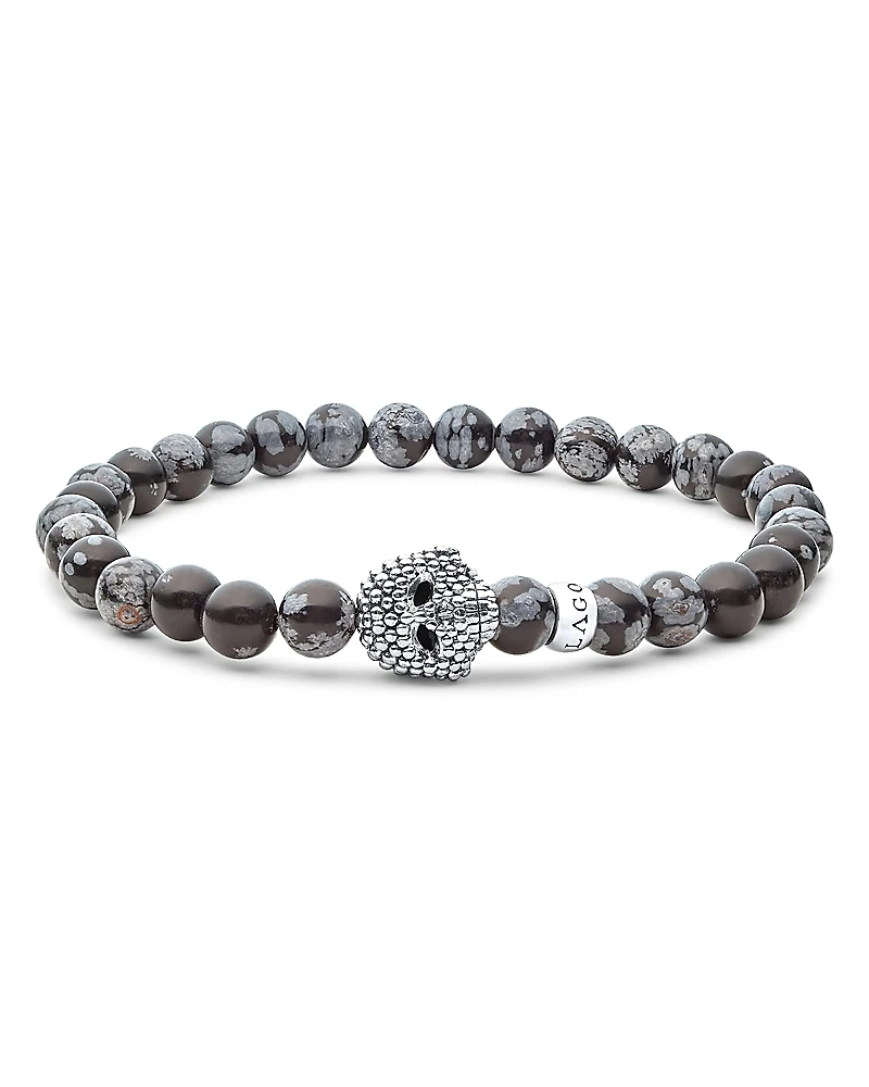 Lagos Men's Sterling Silver Anthem Snowflake Obsidian Bead Skull Stretch Bracelet - Exclusive