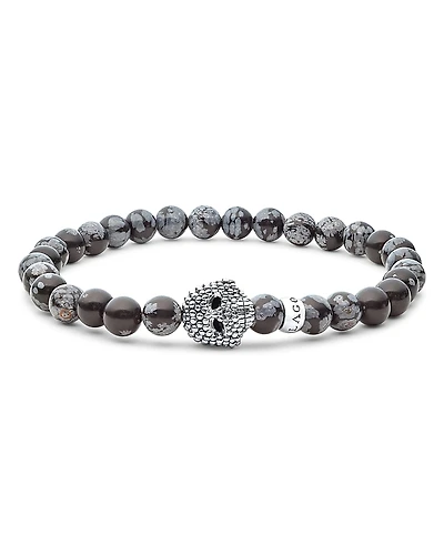 Lagos Men's Sterling Silver Anthem Snowflake Obsidian Bead Skull Stretch Bracelet - Exclusive