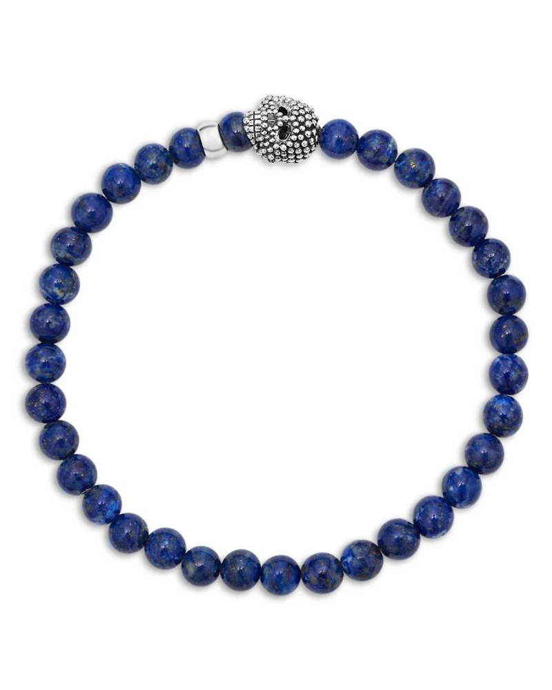 Men's Sterling Silver Anthem Lapis Lazuli Bead Skull Stretch Bracelet - Exclusive