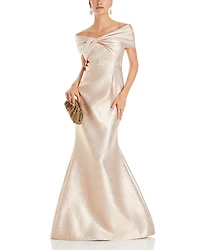 Teri Jon by Rickie Freeman Metallic Jacquard Twist Bodice Off-the-Shoulder Gown