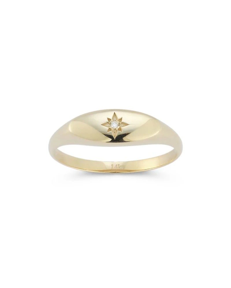 14K Yellow Gold Diamond Star Signet Ring
