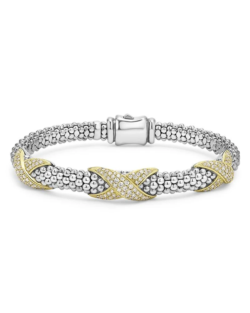 18K Yellow Gold & Sterling Silver Embrace Diamond Pavé X Station Caviar Bead Bracelet