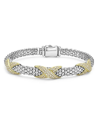 18K Yellow Gold & Sterling Silver Embrace Diamond Pavé X Station Caviar Bead Bracelet