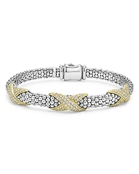 18K Yellow Gold & Sterling Silver Embrace Diamond Pavé X Station Caviar Bead Bracelet