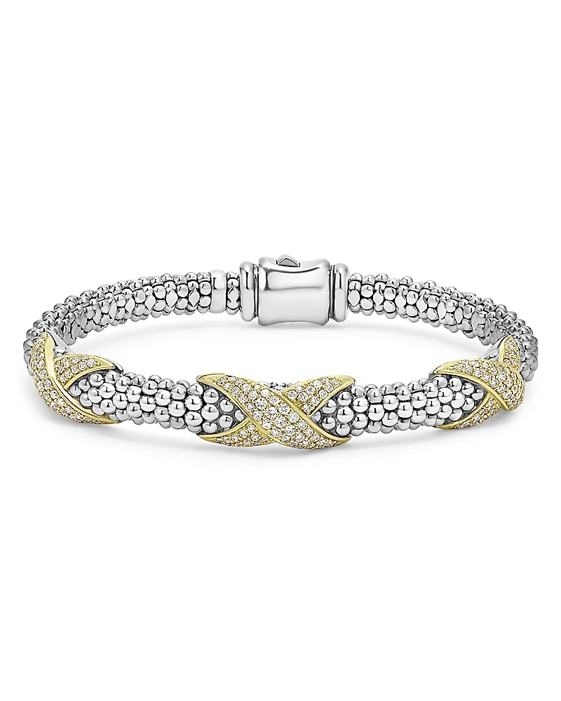 Lagos 18K Yellow Gold & Sterling Silver Embrace Diamond Pave X Station Caviar Bead Bracelet
