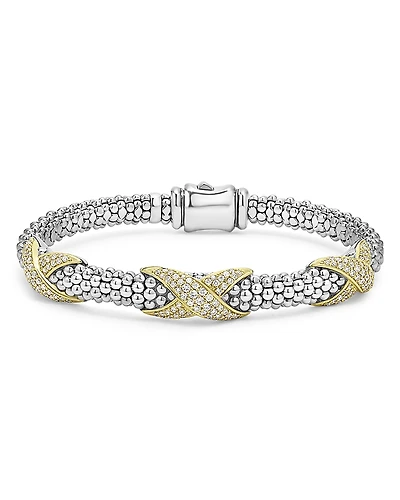Lagos 18K Yellow Gold & Sterling Silver Embrace Diamond Pave X Station Caviar Bead Bracelet