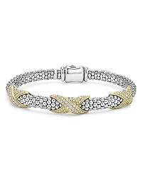 Lagos 18K Yellow Gold & Sterling Silver Embrace Diamond Pave X Station Caviar Bead Bracelet