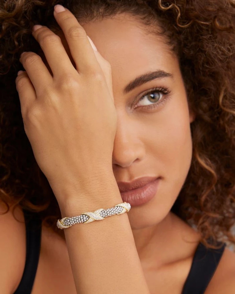 18K Yellow Gold & Sterling Silver Embrace Diamond Pavé X Station Caviar Bead Bracelet
