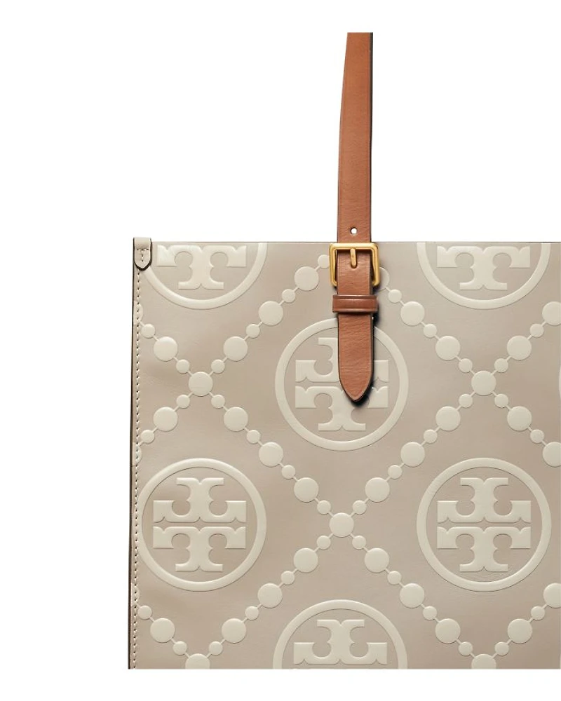 T Monogram Contrast Embossed Leather Tote