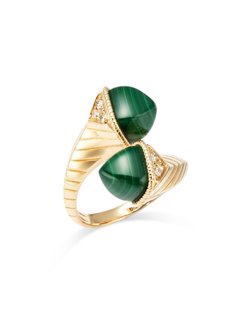 Malachite & Diamond Bypass Ring in 14K Yellow Gold