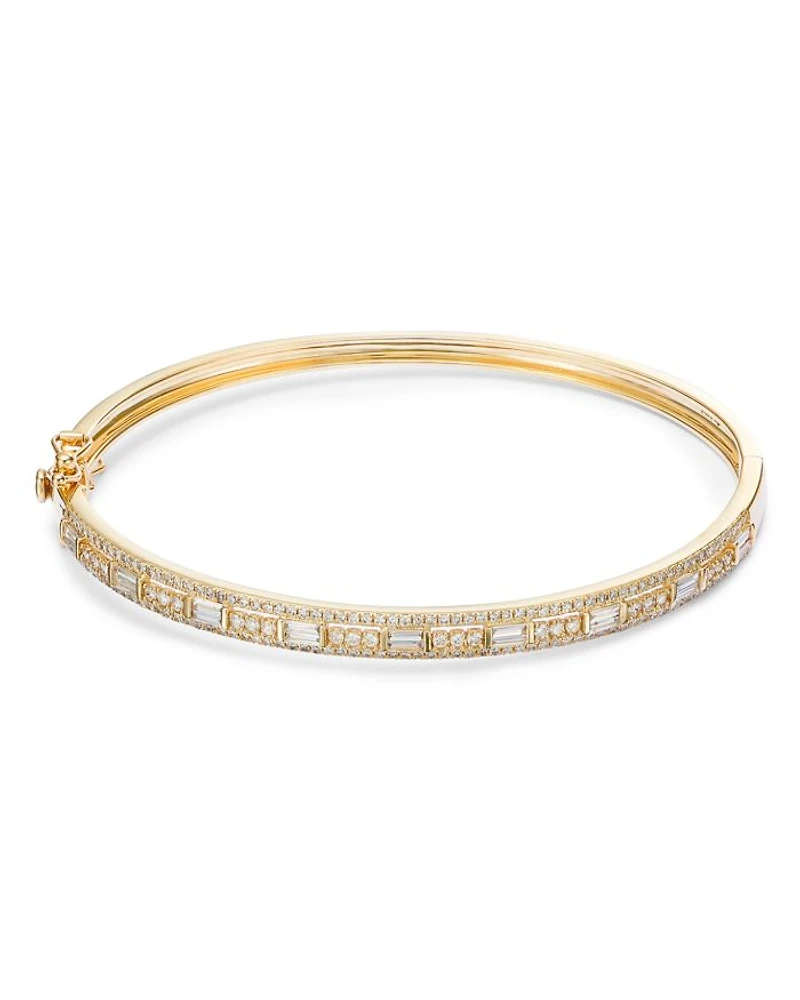 Diamond Round & Baguette Bangle Bracelet in 14K Yellow Gold, 1.0 tcw