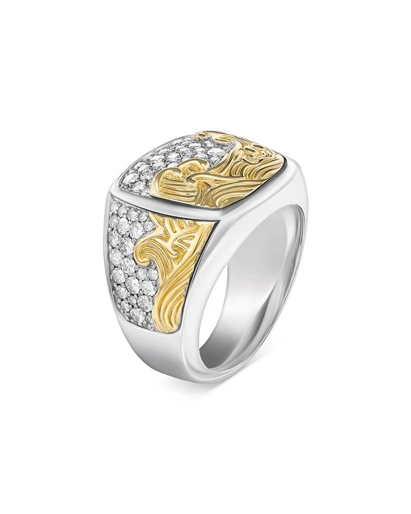 Men's Waves Signet Ring in Sterling Silver with 18K Yellow Gold and Diamonds, 18.8mm