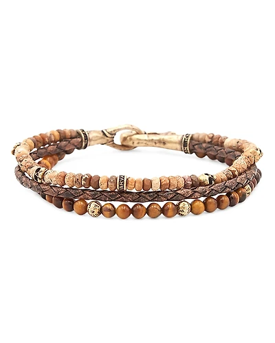 John Varvatos Men's Brass Skull Jasper, Tiger Eye, & Woven Leather Triple Strand Bracelet